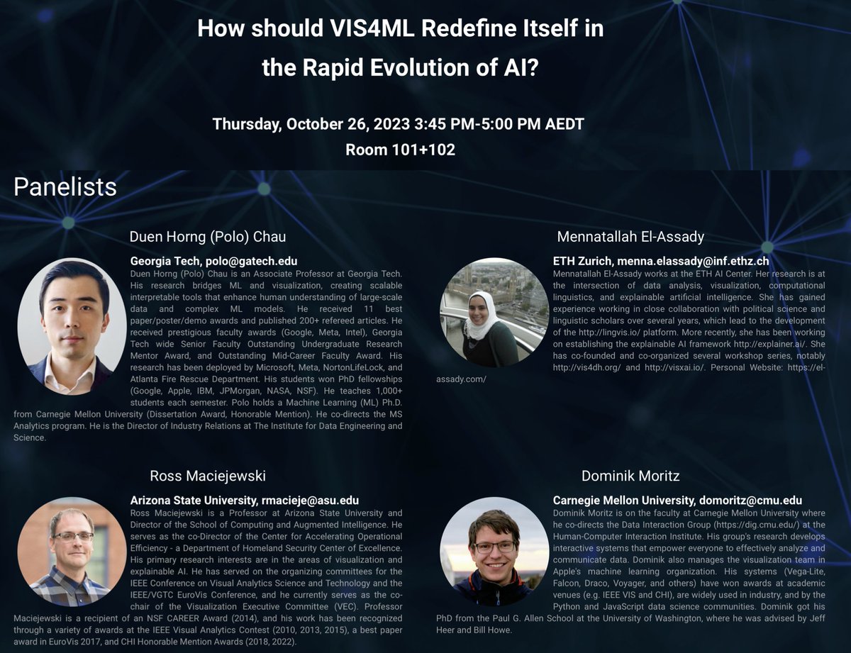 Qianwen Wang (@wangqianwentoo) on Twitter photo Hi #ieeevis🦘
Dylan Cashman, <a href="/JunpengWang/">Junpeng Wang</a>, and I will host a VIS4ML panel this Thursday 3:45-5:00 PM
🎙Honored to have <a href="/PoloChau/">Duen Horng "Polo" Chau</a>, <a href="/melassady/">Menna El-Assady</a>, Ross Maciejewski, and <a href="/domoritz/">Dominik Moritz</a> as our panelists
Join us to critique and explore the role of VIS4ML in the rapid evolution of AI🤖! Hi #ieeevis🦘
Dylan Cashman, <a href="/JunpengWang/">Junpeng Wang</a>, and I will host a VIS4ML panel this Thursday 3:45-5:00 PM
🎙Honored to have <a href="/PoloChau/">Duen Horng "Polo" Chau</a>, <a href="/melassady/">Menna El-Assady</a>, Ross Maciejewski, and <a href="/domoritz/">Dominik Moritz</a> as our panelists
Join us to critique and explore the role of VIS4ML in the rapid evolution of AI🤖!