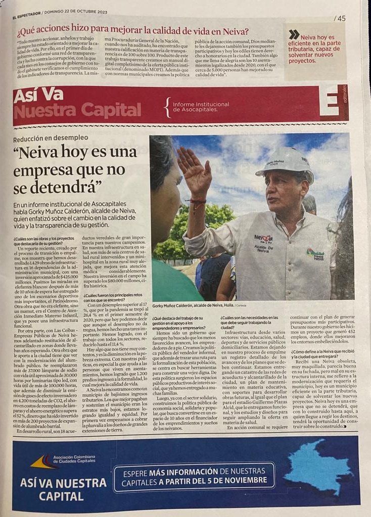 En una nueva entrega del especial 'Así va nuestra capital' en <a href="/elespectador/">El Espectador</a>, el alcalde de <a href="/municipioneiva/">Alcaldía de Neiva</a>, <a href="/GorkyMunozC/">Gorky Muñoz Calderón</a>, habló sobre cómo avanza esta ciudad capital.

Vea aquí la entrevista completa: tinyurl.com/3bfacj9k

El domingo 5 de noviembre volvemos con más información