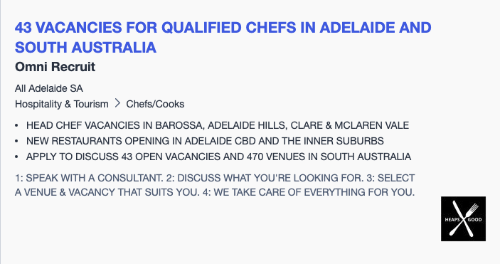 HeapsGoodHospo's tweet photo. Qualified Chef in Adelaide?  Want to review your options?

To busy to look for a new job?  We will bring jobs to you.

Move before silly season kicks off and enjoy summer.  

Check out some of our current vacancies in SA.  

👉 👉 👉   https://t.co/YzGhTfpH9d https://t.co/cDOuKwRSzb