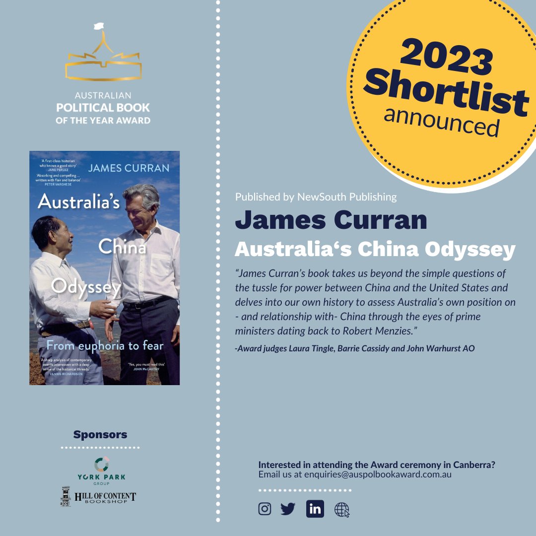 Congratulations to James Curran (@j_b_curran) and his publisher @newsouthpub who have been shortlisted for the 2023 #auspolbookaward for 'Australia's China Odyssey' - a wonderful result!