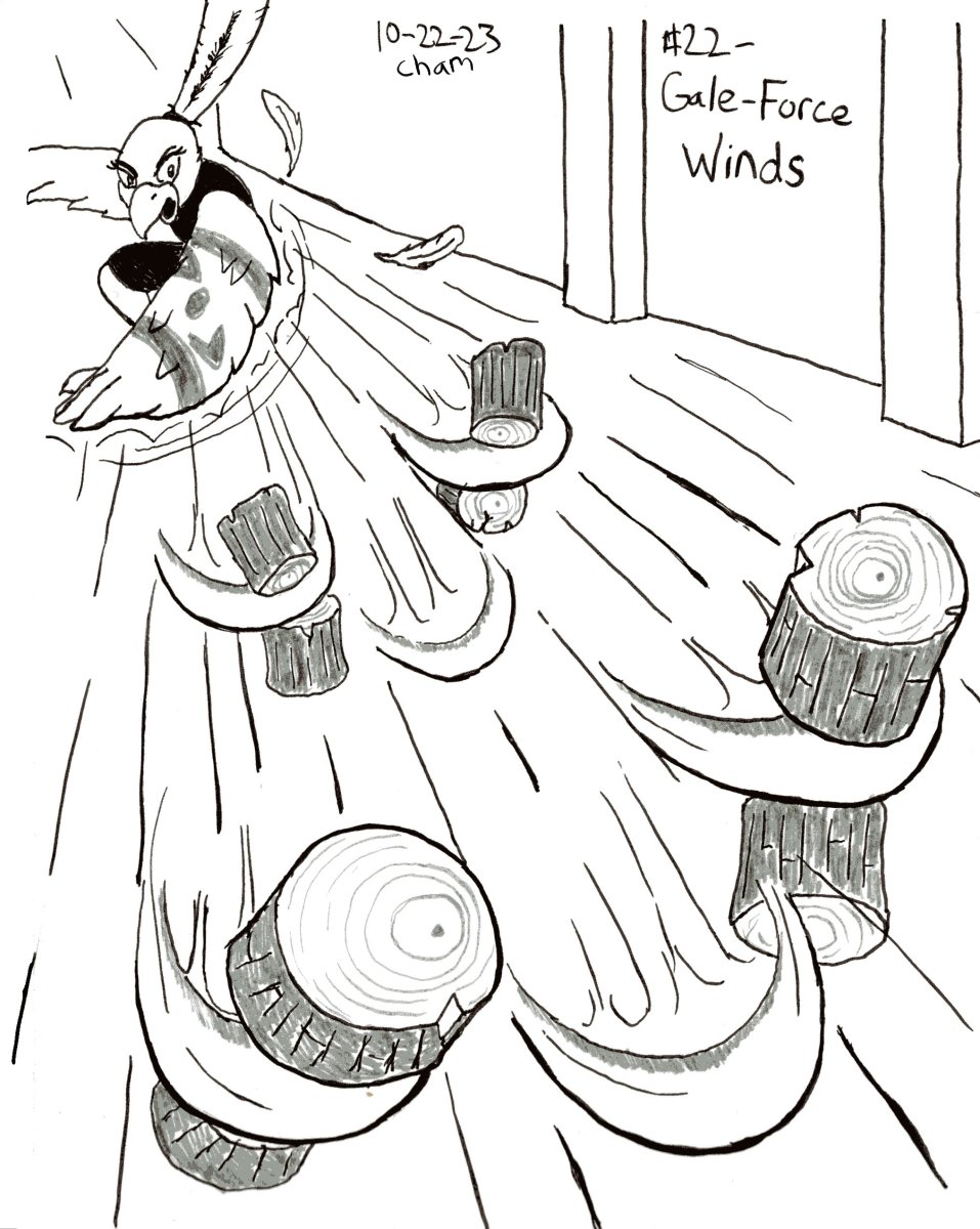 #Inktober Day 22 - Gale-Force Winds

I struggled a little bit with this one, both in concept and execution, but it was fun to draw Quill in action.
I wonder where ninjas get all of their logs...
#art #furryart