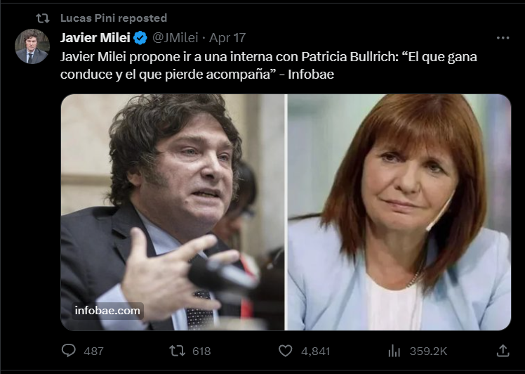 ElTrumpista's tweet photo. Si Bullrich aceptaba la propuesta de Milei, hoy hubiesen ganado en primera vuelta, y el kirchnerismo estaría abatido.

Juntos por el Cambio lamentablemente fue funcional al kirchnerismo. https://t.co/SOZ6s6cl0u