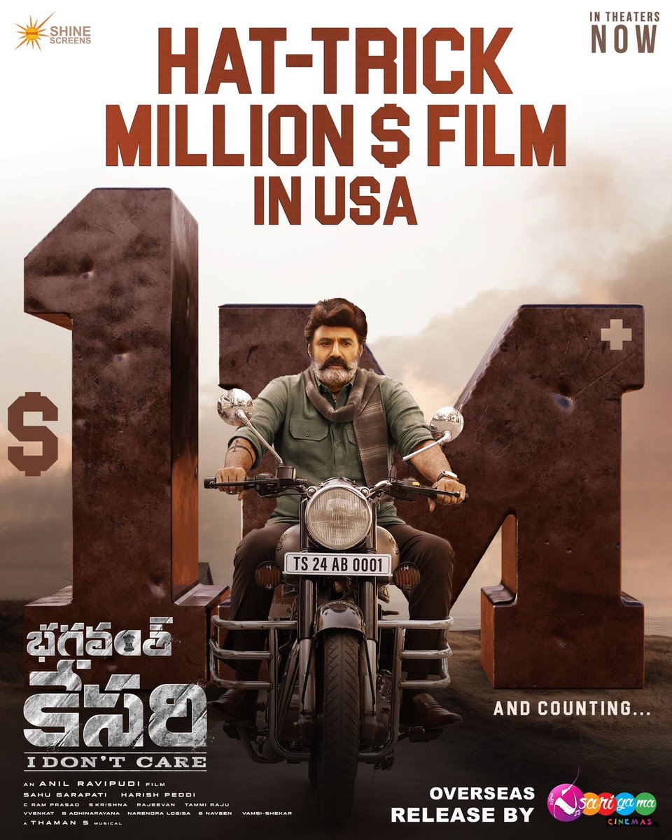 #BhagavanthKesari Crossed #MillionDollar Mark in #USA🇺🇸:

👉Premieres : $512,680
👉Day1 : $145,625
👉Day2 : $145,246
👉Day3 : $151,627
👉Day4 : $44,892 till 2PM EST

Total Gross : $1,00,070 [₹8.33 Crs]🔥🔥

👉4th #MillionDollar For #NandamuriBalakrishna (BK, VSR, Akhanda, GPSK)