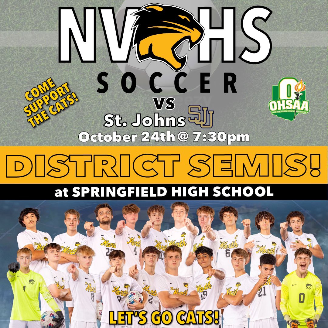 District Semi Finals - Tuesday at 7:30pm vs St John’s. Come out and support the Cats! @NviewAthletics