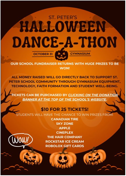 stpetersmilton's tweet photo. Our Halloween Dance-a-thon is back!! 👻🎃This school fundraiser returns with HUGE prizes to be won!

The top 3 students that raise the most money will have an opportunity to ‘Pie’ Mrs. Le Conte, Mr. McInnis, and a SURPRISE Staff Member in the face!🥧 ⬇️

https://t.co/zVingZGGFf https://t.co/O55aIOAqie