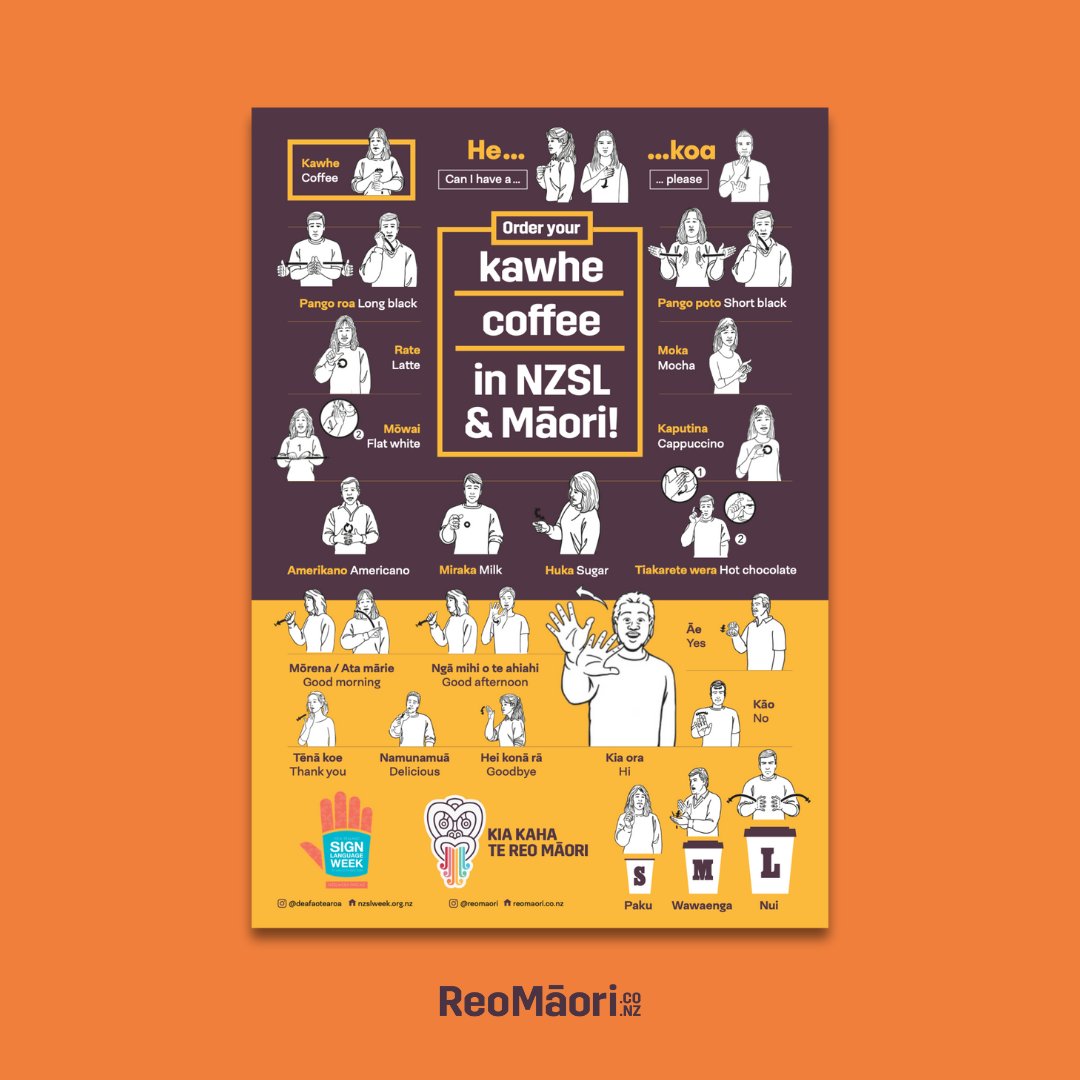 reomaori's tweet photo. He kawhe māu? 💬 We worked with our friends at @Deaf_Aotearoa to translate our kawhe card resource for Māori Language Week. Download the poster now at https://t.co/HkAZY6EodC ☕️✋ #reomāori https://t.co/Bnjo2I13ef