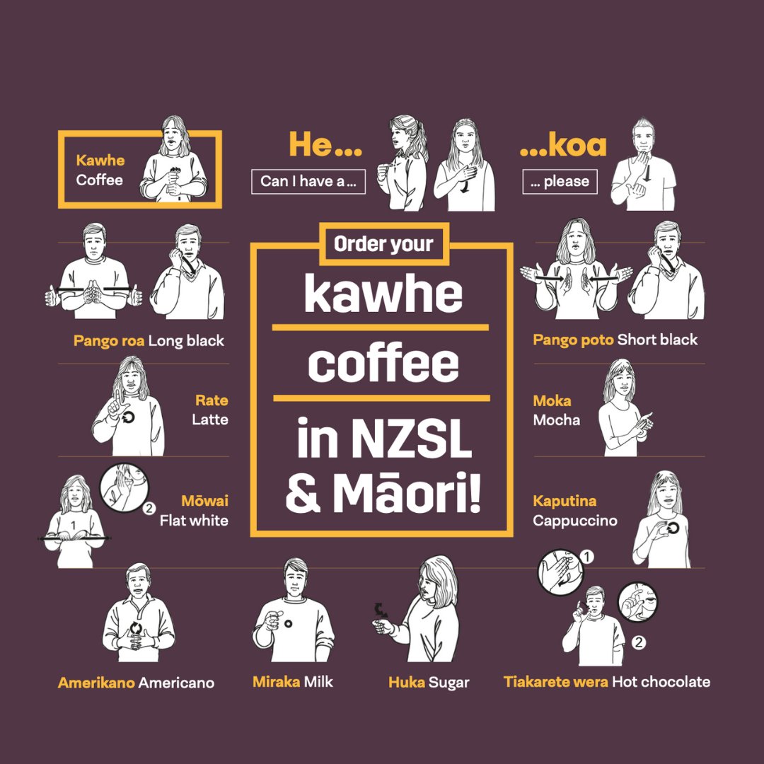 reomaori's tweet photo. He kawhe māu? 💬 We worked with our friends at @Deaf_Aotearoa to translate our kawhe card resource for Māori Language Week. Download the poster now at https://t.co/HkAZY6EodC ☕️✋ #reomāori https://t.co/Bnjo2I13ef