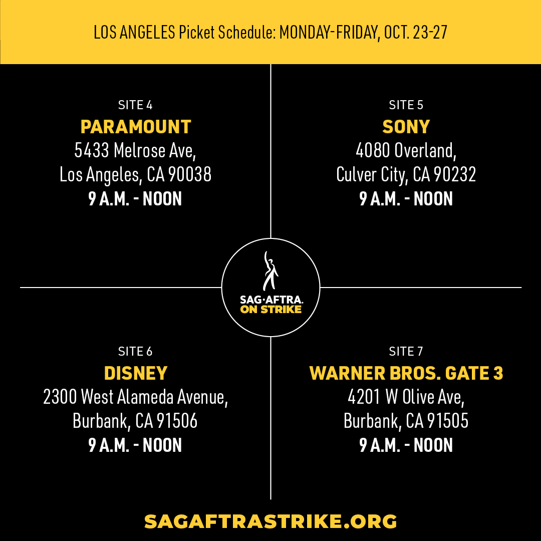 sagaftra's tweet photo. As we go back into negotiations this week, we're making sure the AMPTP knows we're vigilant, unstoppable and #SagAftraStrong in solidarity! Come out to the picket lines or an event near you to be part of the movement: https://t.co/EE6qPXDi3T. 🔥✊ #SagAftraStrike https://t.co/SwqJ2CCkPM