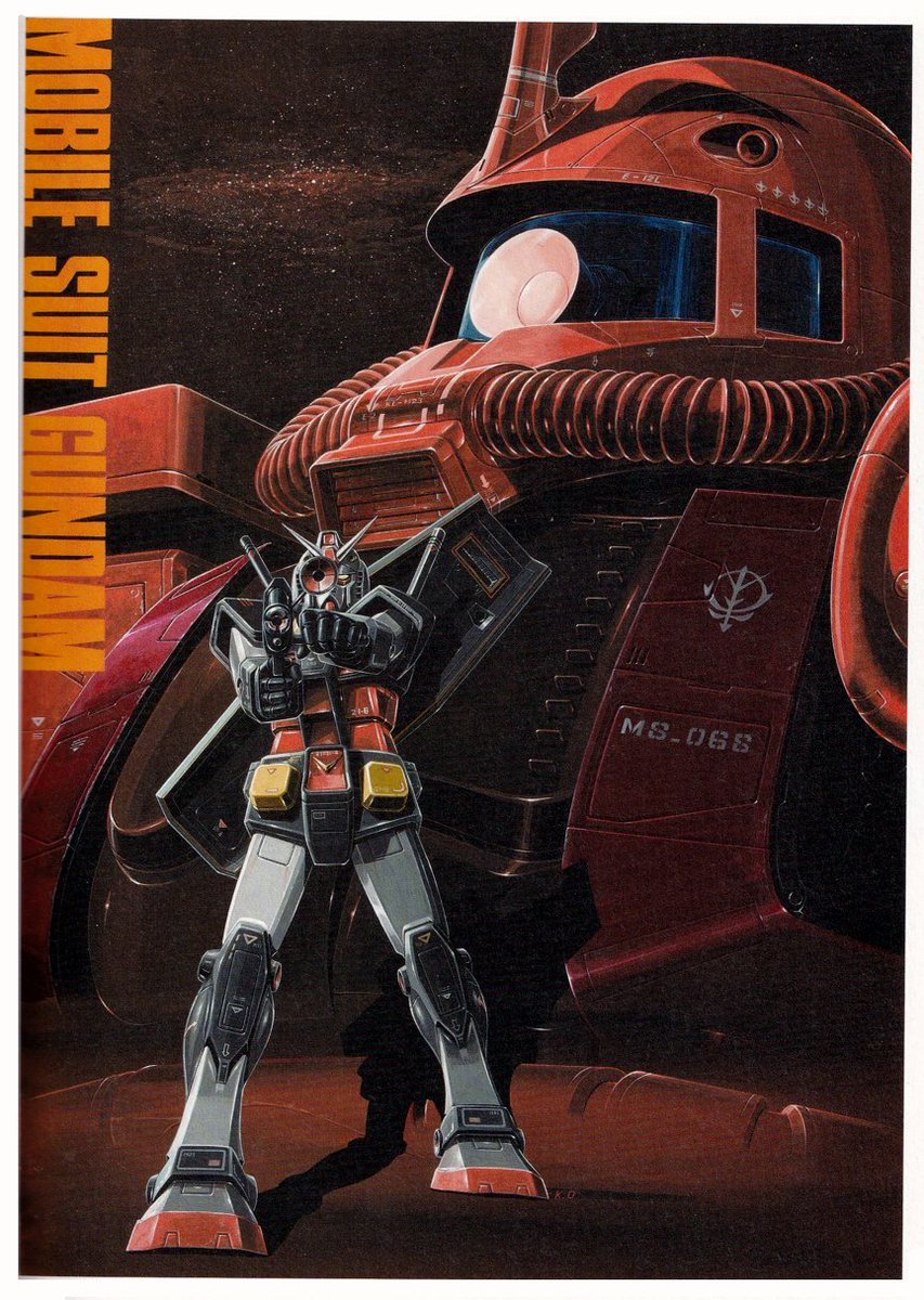 CharaSoon_ken's tweet photo. Mobile Suit Gundam Poster of Char's Zaku II vs RX-78-2 Gundam Illustrated by Mecha Designer Kunio Okawara https://t.co/DV0LXx3fvW