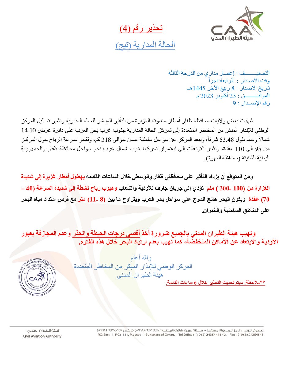 OmanMeteorology's tweet photo. تحذير رقم (4) للحالة المدارية #تيج https://t.co/gbrnYlMW7d