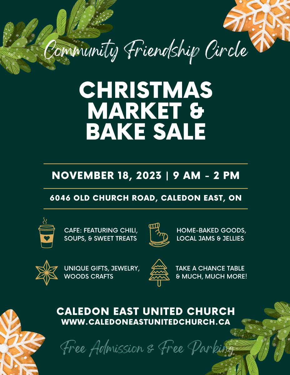 Christmas Market & Bake Sale
November 18, 2023
9 am - 2 pm
6046 Old Church Road, Caledon East, ON 
#community #charity #supportlocal #MayfieldUnitedChurch #ChristmasMarket