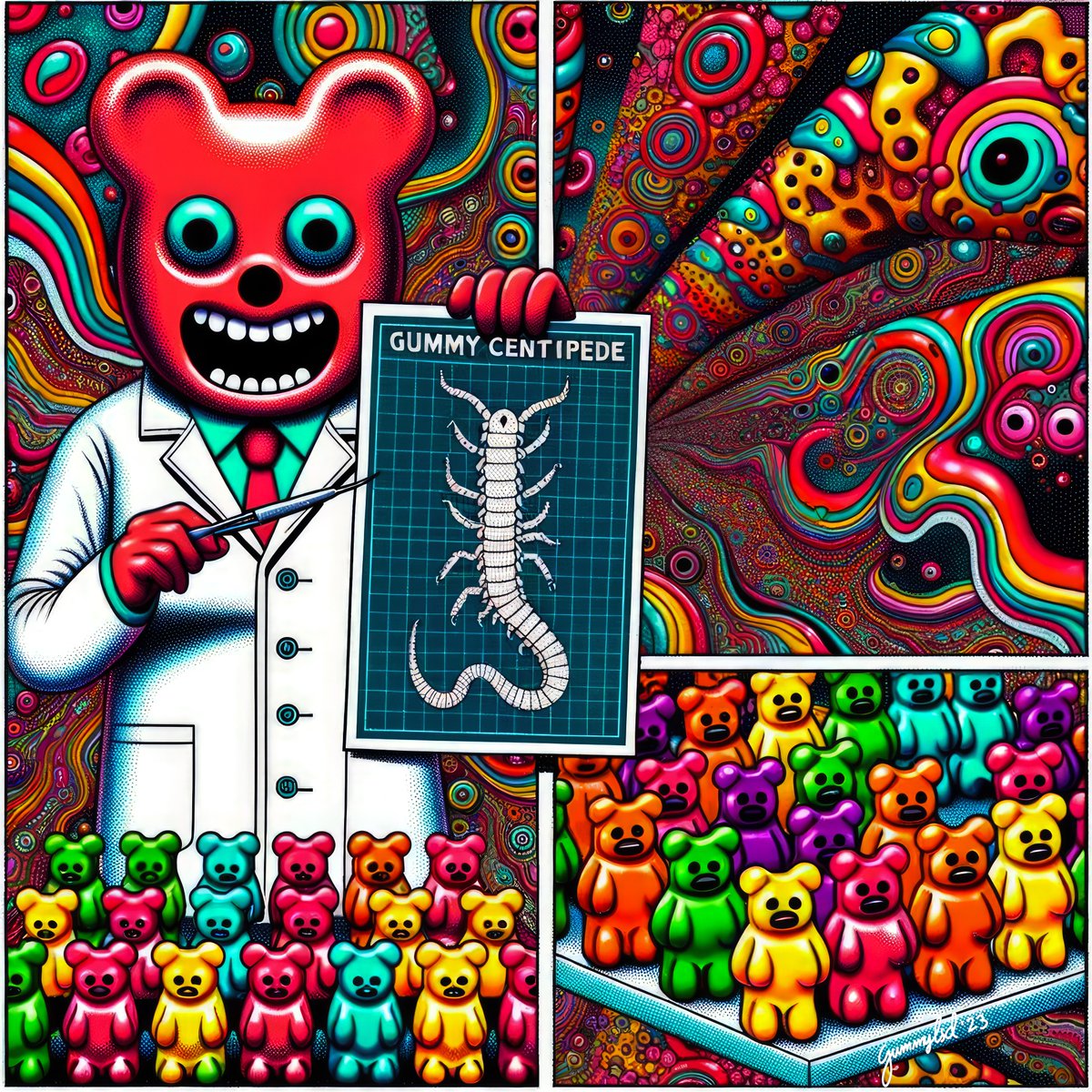 GummyLSD's tweet photo. Who wants to get a bit freaky and/or sticky?

Gummy Centipede: LSDGB Comic #15

a 10/10 LSD Gummy Bears Comic @ 0.3 $XTZ

https://t.co/4wXrGLy1U0

#gummylsd #lsdgb #lsdgummybears #gummybear #comic #comicstrip #dalle3 #aicomic #aiart #tezosart #objktcom #objktnft https://t.co/zpJXZxhZ19