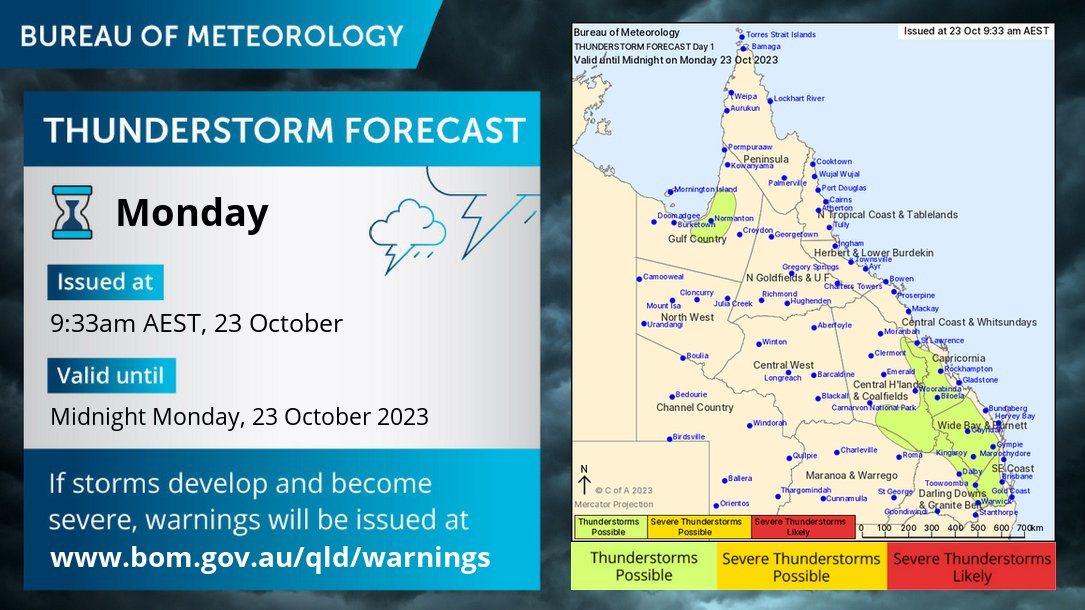 BOM_Qld's tweet image. ⛈️Qld Storm Forecast for Monday 23/10. Isolated afternoon thunderstorms are possible in the Gulf Country and inland parts of eastern Qld south of St Lawrence, including #Ipswich, #Toowoomba, #Kingaroy. Severe thunderstorms are unlikely.