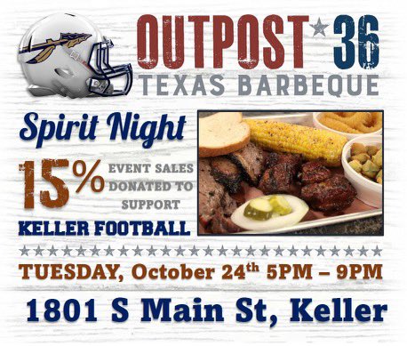 Keller Football families! Grab your football players, friends and family and join us at Outpost 36 BBQ on Tuesday night for dinner! Let them know you’re there for Keller Football and 15% of the sales will go back to support your players! 💙🏈💛