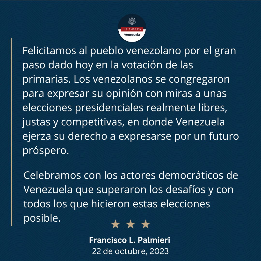 Felicitamos al pueblo venezolano por el gran paso dado hoy en la votación de las primarias. Los venezolanos se congregaron para expresar su opinión con miras a unas elecciones presidenciales realmente libres, justas y competitivas, en donde Venezuela ejerza su derecho a