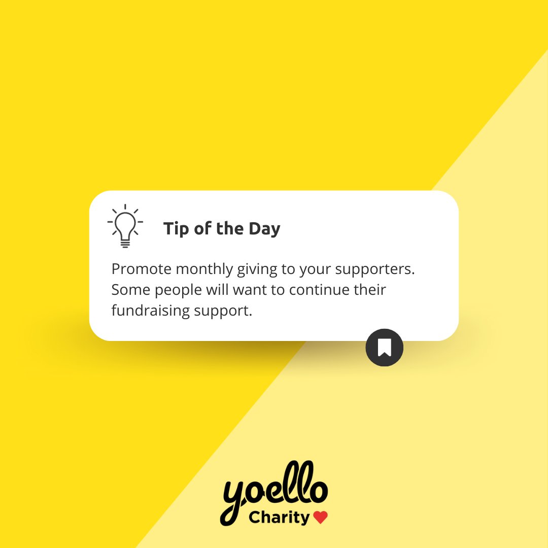 Tip of the Day: Promote monthly giving to your supporters. 

#YoelloCharity allows users to quickly and seamlessly make donations on their mobile without the need to download an app; making monthly giving just that bit easier. 

Book a demo today!

 #donatewithyoello