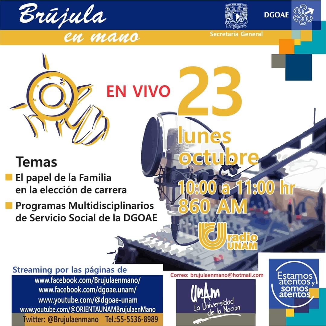 unamorienta's tweet photo. 🟢EL PAPEL DE LA FAMILIA EN LA ELECCIÓN DE CARRERA
Lunes 23 de octubre, 10:00 hrs.
#orientafestunam2023

📻 860 AM @RadioUNAM
📲 Facebook Orientación y Atención Educativa
📲 Facebook Brújula en mano
@Brujulaenmano

✅Visita el sitio oficial https://t.co/InSeDRqsA2 https://t.co/X4llznPSg1