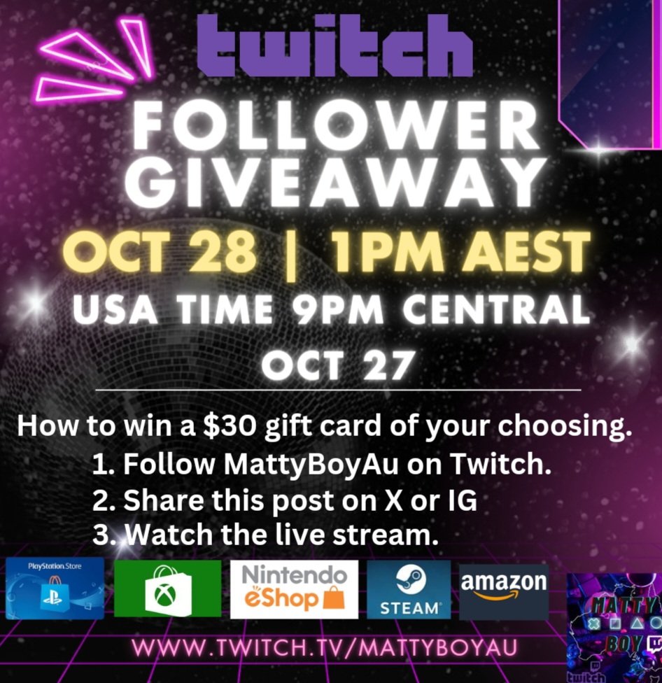 We hit 200 followers which means giveaway time and a giveaway every 50 followers. Check out image to see how to win. #twitch #twitchgiveaway #GiveawayAlert #giveaway #twitchtv #twitch #twitchaustralia #giveawaycontest