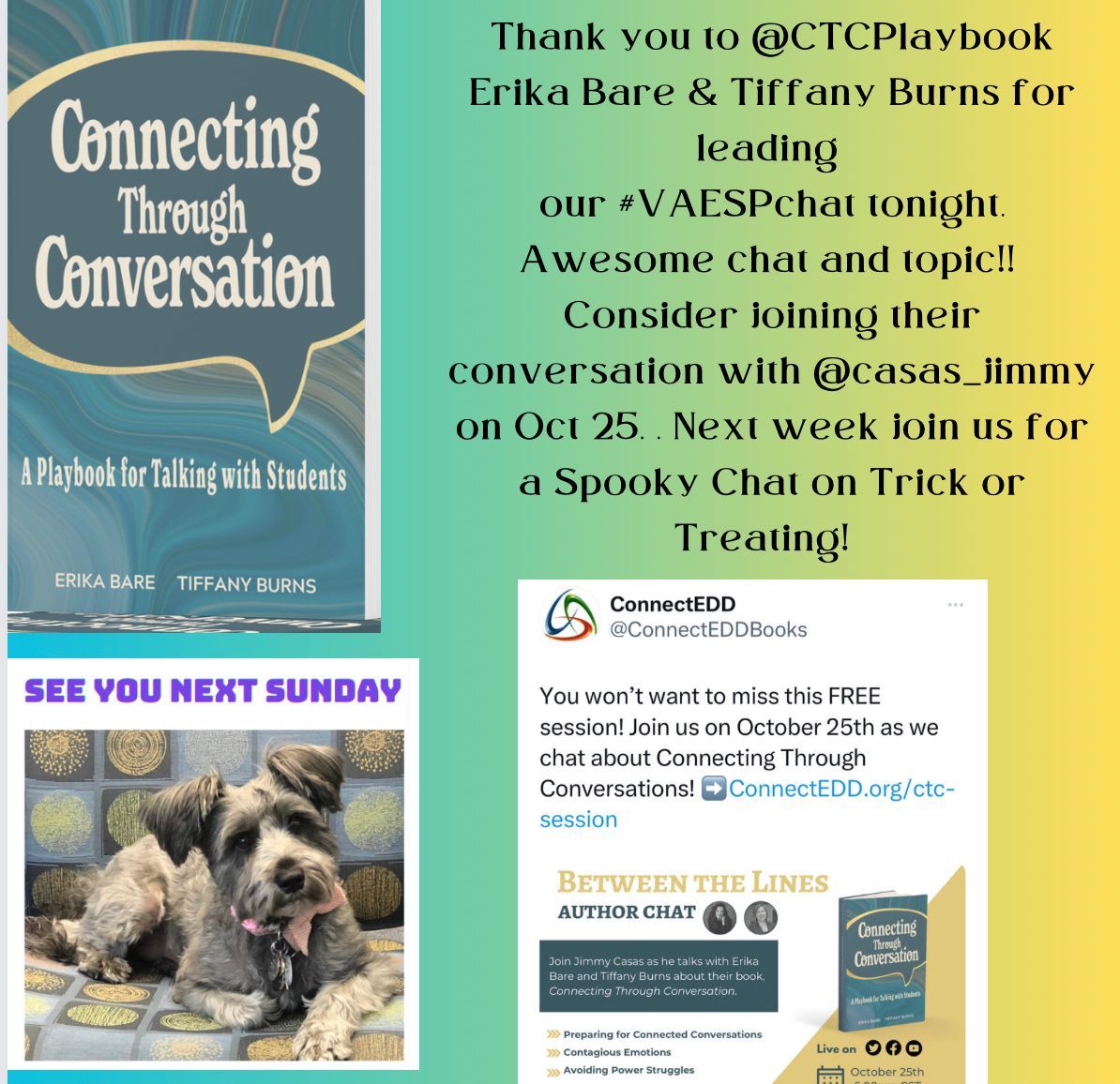 Thank you to @CTCPlaybook Erika Bare & Tiffany Burns for leading our #VAESPchat tonight. Awesome chat and topic!! Consider joining their conversation with @casas_jimmy on Oct 25 buff.ly/470EEs9 Next week join us for a Spooky Chat on Trick or Treating!