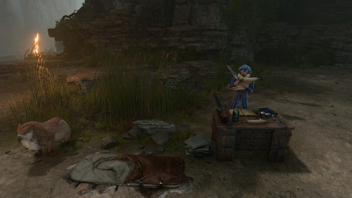 Luridel's tweet photo. #BG3 #BaldursGate3 I've been doing a multiplayer run with no origin companions (feat. guest star Halsin), so I've been decorating my camps to make up for how empty they are. I gave Volo a desk. https://t.co/pzAIt7DJQl
