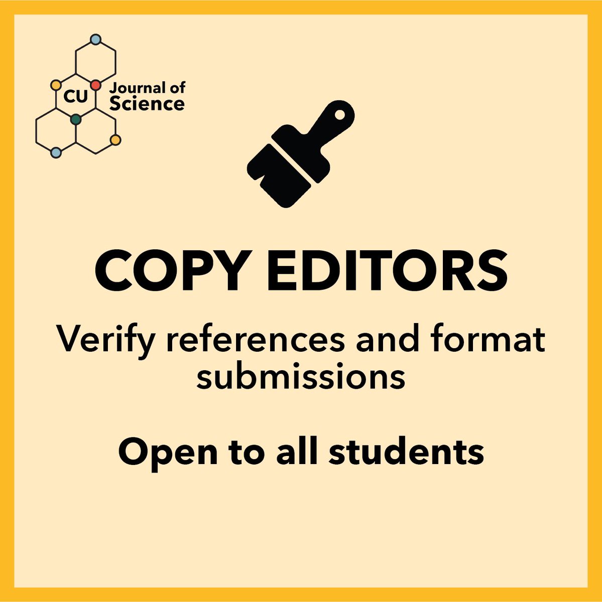 CUJS_Tweets's tweet photo. Get involved in publishing and peer-review with CUJS ✏️ We are seeking editors and copy editors to join our editorial team ✍️ CU grad and undergrad students welcome 🎓

Email us at CUJS@cmail.carleton.ca to join or inquire 📧 https://t.co/NbBI14Emn6