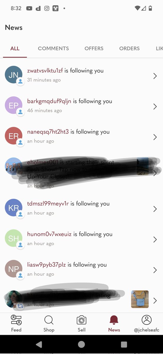 yourbuddyjeff's tweet photo. Hey @Poshmarkapp is everything okay over there all day I and others have been bombarded with these spam bot accounts I've edited out some real accounts here but the characters are all nonsensical and always the same numberish of characters https://t.co/VVBIJzKHnW