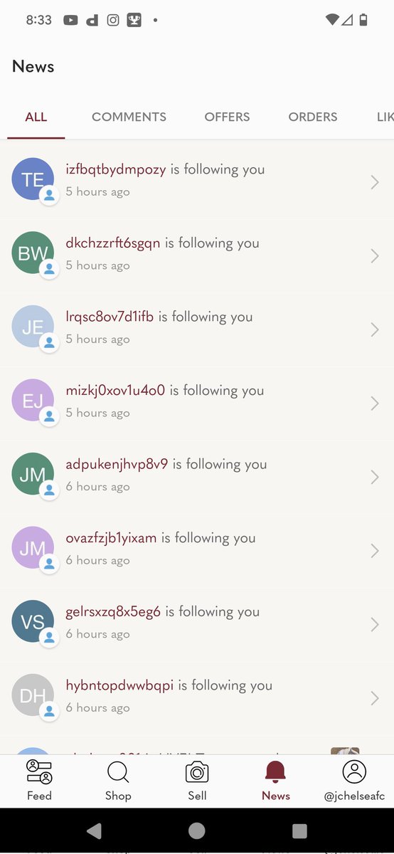 yourbuddyjeff's tweet photo. Hey @Poshmarkapp is everything okay over there all day I and others have been bombarded with these spam bot accounts I've edited out some real accounts here but the characters are all nonsensical and always the same numberish of characters https://t.co/VVBIJzKHnW