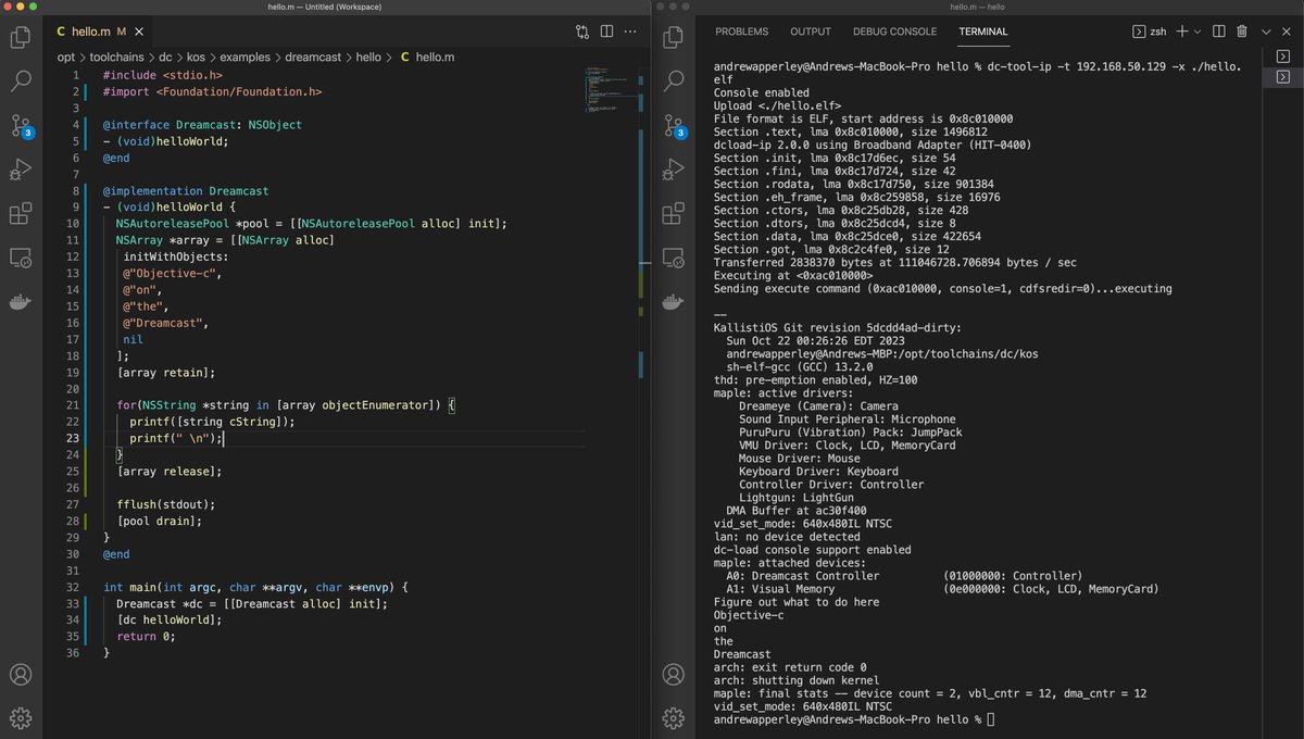 dinobj_c's tweet image. This project has been in the works for months but all our hard work has finally paid off. I present you Objective-c and its Foundation standard library running on a Sega Dreamcast. #objc #sh4 #dreamcast #developer #iosdev @falco_girgis