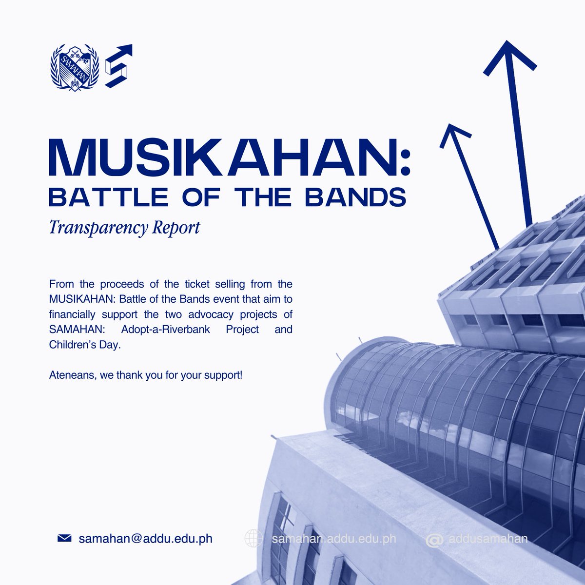 addusamahan's tweet photo. LOOK | The Office of the SAMAHAN Treasurer presents the Transparency Report for MUSIKAHAN: Battle of the Bands Ticket Selling
The proceeds will financially aid SAMAHAN’s two advocacy projects: Adopt-a-Riverbank Project and Children’s Day.
#AtTheGetGo↗️ https://t.co/E6neVtOUB7