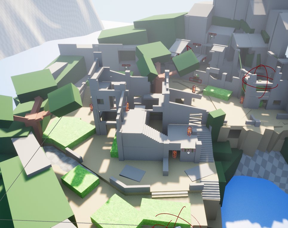 This region was structured by two main building clusters and a negative space in between. I designed many shortcuts to ensure the player can explore back and forth between different spaces. I applied breadcrumbs, leading lines, and landmarks. #Blocktober #leveldesign