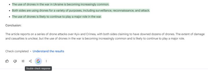 osintcombine's tweet photo. #OSINTtip Generative AIs tendency to make things up is a challenge. Bard's [G] button highlights statements to help with quick verification, and what might need further enquiry. It certainly underscores the analyst's enduring responsibility for thorough information corroboration. https://t.co/PacLS4CxYW