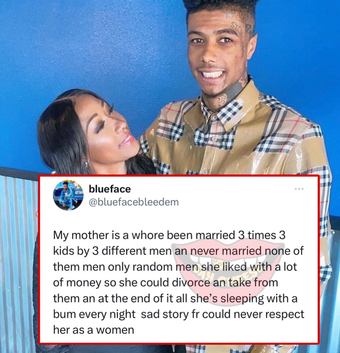 SaycheeseDGTL's tweet photo. Blueface speaks on his mom: “my mother is a whore been married 3 times 3 kids by 3 different men” https://t.co/pbFisXec1Y