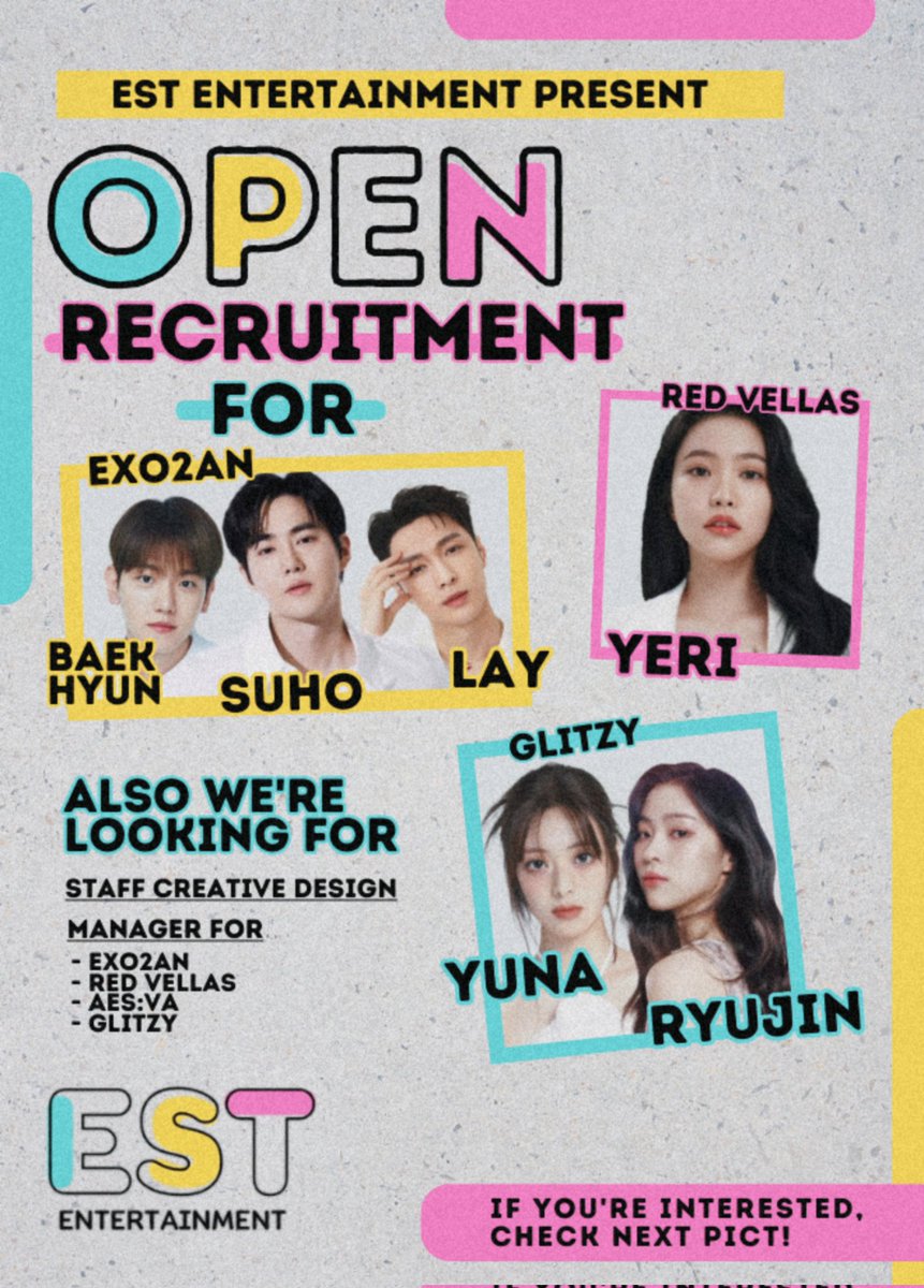 ㅤ
ㅤ
🔔 𝗢𝗣𝗘𝗡 𝗥𝗘𝗖𝗥𝗨𝗜𝗧𝗠𝗘𝗡𝗧 𝗘𝗦𝗧𝗔𝗕𝗟𝗜𝗦𝗛𝗘𝗗

Are you ever  dreaming to debut as idol?
or working  as artist  manager and staff?
Established  Entertainment  will give you
one life-time chance to make it happen!

So don't wait no more, 𝗔𝗽𝗽𝗹𝘆 𝗻𝗼𝘄! 📩

ㅤ
