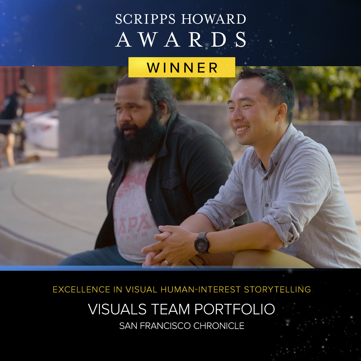 The Scripps Howard Award for Excellence in Visual Human-Interest Storytelling:

San Francisco Chronicle – Visuals Team Portfolio

The #ScrippsHowardAwards are happening NOW on @ScrippsNews.

Watch <a href="/sfchronicle/">San Francisco Chronicle</a>’s reporting:
scripps.com/fund/journalis…