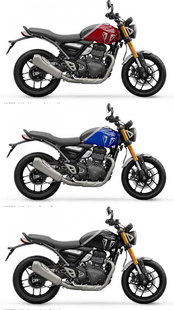 PutiMotor's tweet photo. トライアンフが「スピード400」と「スクランブラー400X」の国内販売価格、仕様を発表❗️

カラーバリエーションはどちらも3色展開で、発売は2024年1月を予定。

【車重/シート高/タンク/出力/価格】 400:170kg/790mm/13L/40ps/699,000円
400X:179kg/835mm/13L/40ps/789,000円

https://t.co/9lFySYxuGP https://t.co/f57GuvEPKa