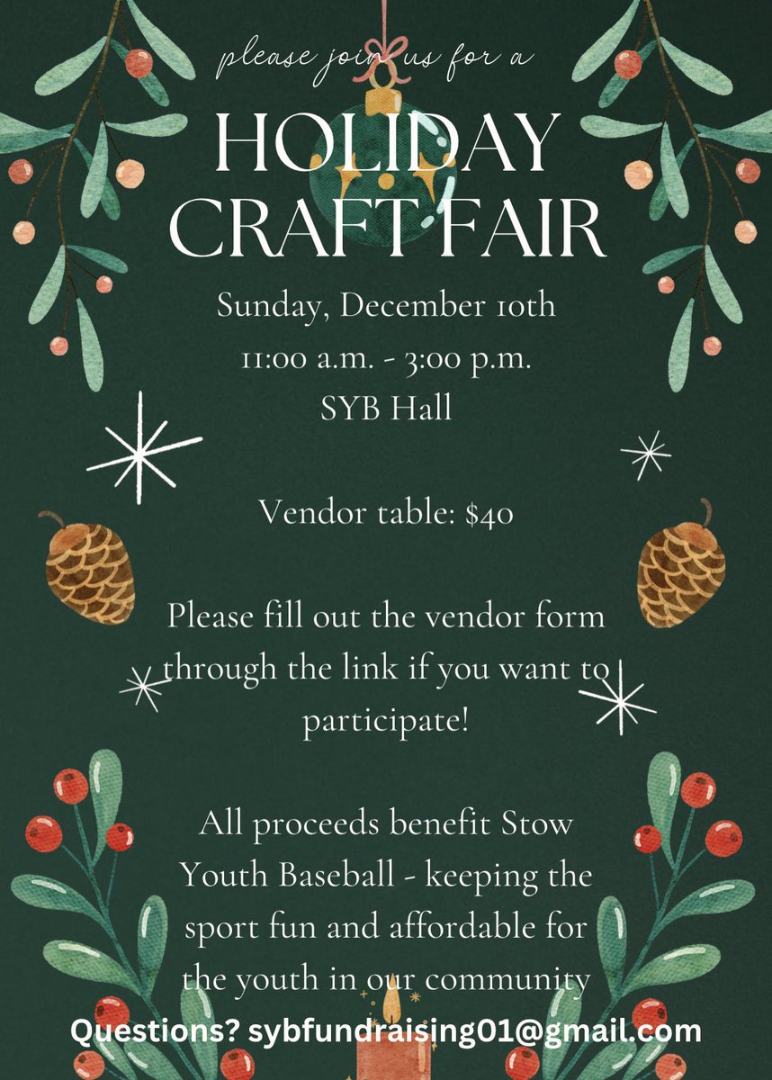 Calling all holiday and craft vendors! Join us next month in support of Stow Youth Baseball.

docs.google.com/forms/d/e/1FAI…