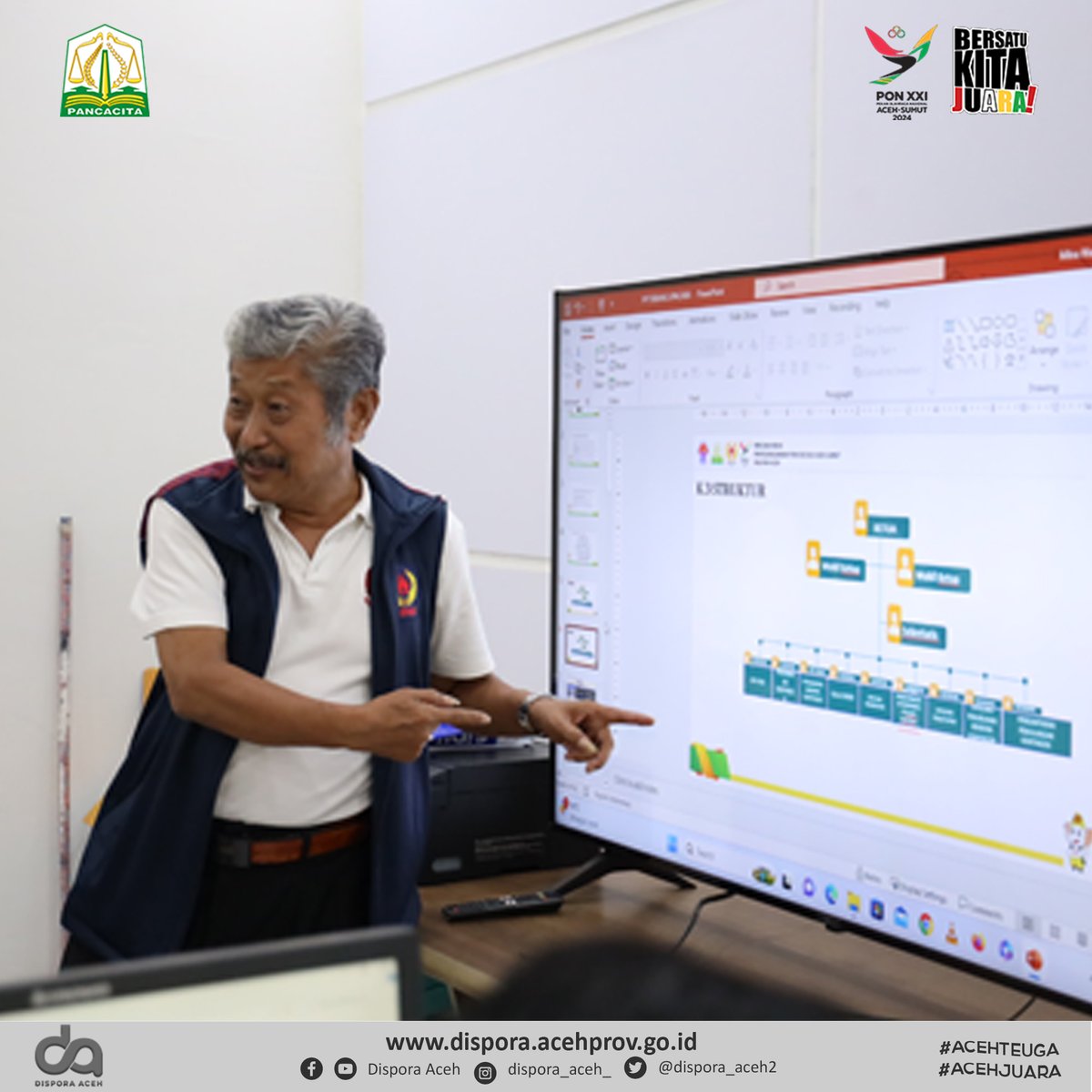 Tim Panwasrah KONI Pusat melakukan kunjungan ke ruang kerja tim pendukung penyusunan masterplan (rencana induk) PON XXI/2024 Aceh-Sumut wilayah Aceh di Aula Mess Pemuda DIspora Aceh.
