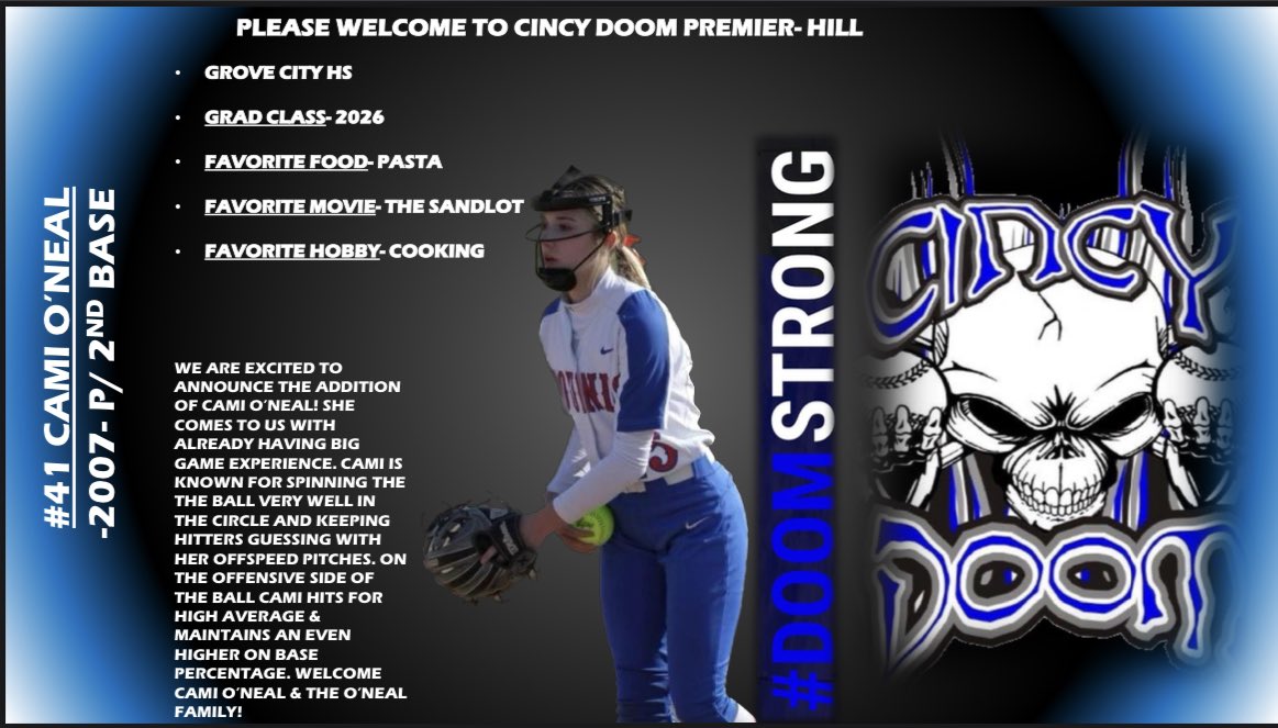 🚨🚨 Player Announcement 🚨🚨 Please help us welcome to our Team from Grove City HS c/o 2026 #41 @CamiONeal1241 & The O’Neal family. Cami is an Excellent Off Speed & Spin pitcher. She is precise with hitting her spots and keeping Hitters off balanced. She will also help us out