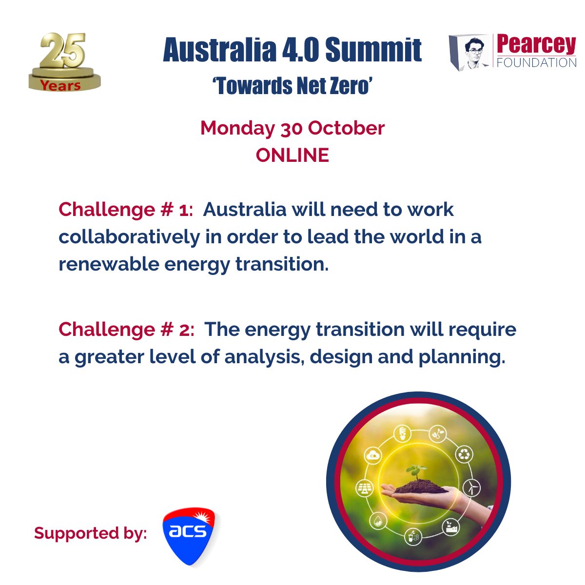 Pearcey_org's tweet photo. What are the first two challenges for Australia in leading an ICT-enabled transition of the electricity system to Net Zero? Find out more by registering now for our online #Australia4 summit next Monday: https://t.co/e7WTy0ysBx https://t.co/hWnAEZKffm