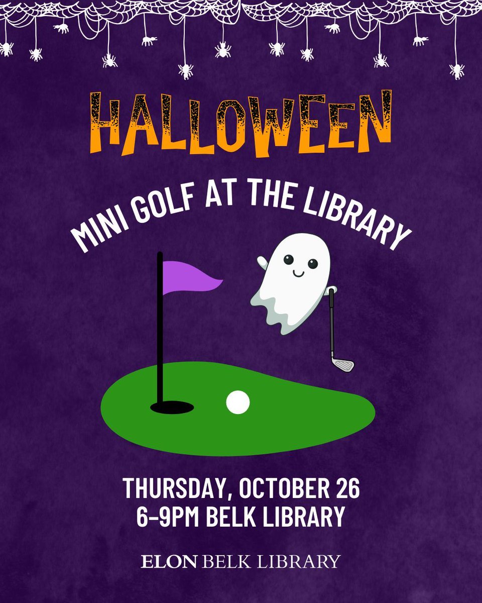 ElonBelk's tweet image. Mini golf is back THIS THURSDAY! Join us for Halloween themed mini golf at the library on 10/26 from 6-9pm! ⛳️👻 We will have 9 holes to play, prizes, and spooky-themed snacks. Grab some friends and get competitive, and we can’t wait to see you there!
#belkgolf #libraryminigolf