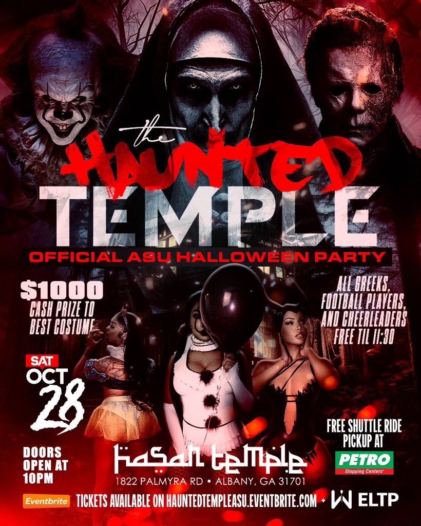 King_JW3's tweet image. 🎃🏚️ The Haunted Temple 🎃🏠

👻 😈Official Halloween Party 👻 😈

🏈 ASU vs Miles After Party 🏈

$1000 CASH PRIZE best costume 💴

GREEKS X FBALL X CHEER (FREE TIL 11:30)

Tickets on Eventbrite &amp;amp; The WELTP App 🎟️🎟️🎟️

#DERTYWORKENT #ASU