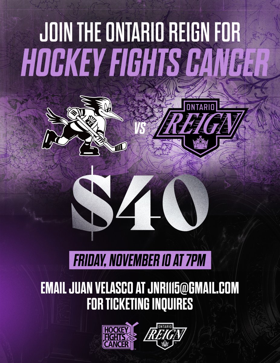PanCANOC's tweet photo. Join us as the @ontarioreign #FightsCancer on Nov. 10, 2023 / 7:00pm @ the @ToyotaArena.
💜🏒
$40 per Ticket includes VIP Entry, Lobby, and Seat!!
🎟️
Purchase your tickets no later than Nov. 6!
Contact us at: Jnr1115@gmail.com

#PanCANOC #TurnOCpurple #HockeyFightsCancer https://t.co/IpTc01SUGb