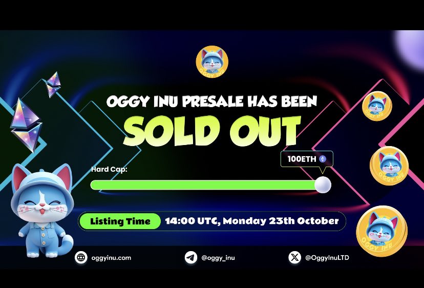 Good jobs #OGGY 

<a href="/OggyInuLTD/">$OGGY #BinanceCat</a> 

#OGGY Presale sold out 

Listing time: 14:00 UTC 23 October 

Congratulations Oggydians 

New #OGGY journey coming soon!

#OGGY #BTC  #MEME