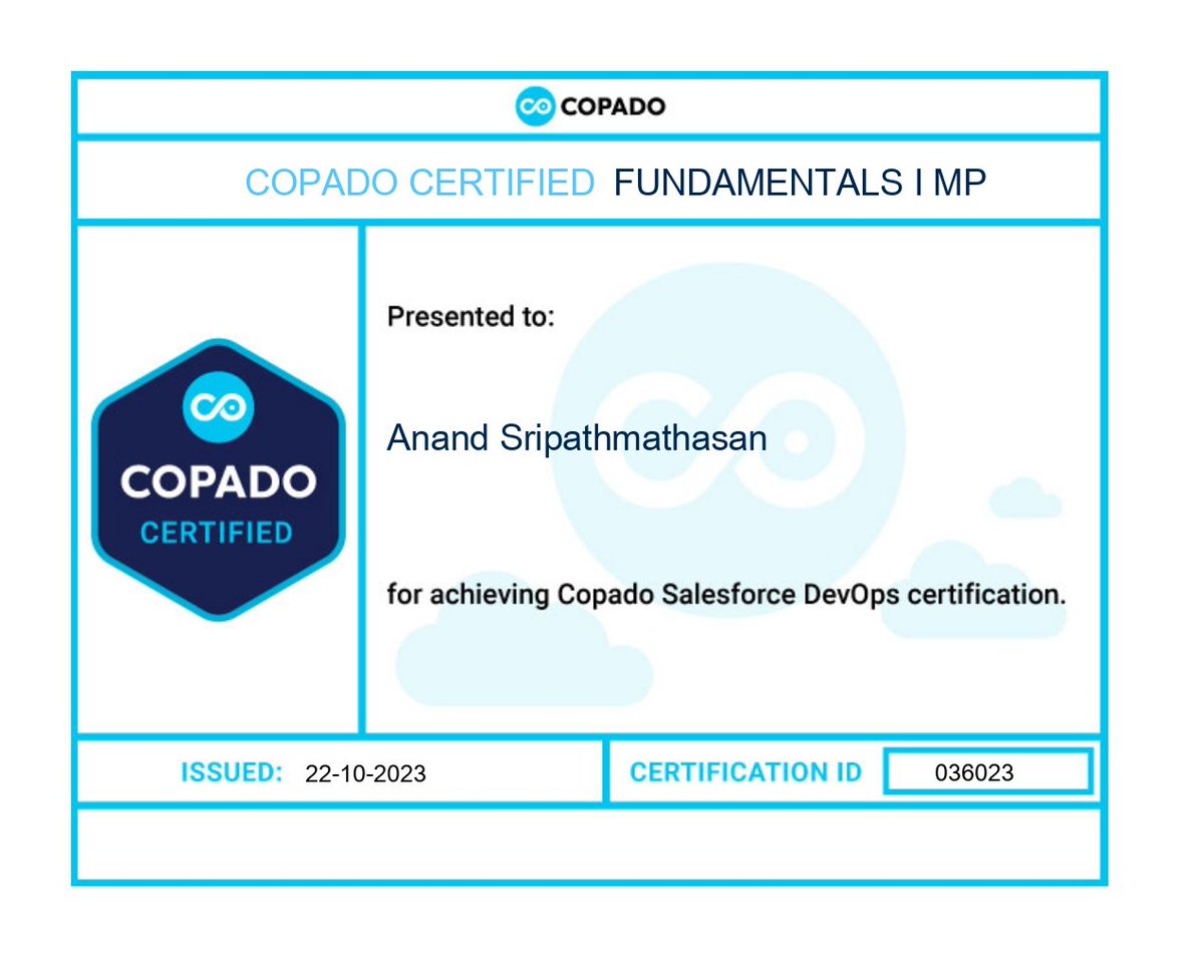 Excited to share that I have completed my 1st DevOps Certification in Copado Fundamentals I Certification Metadata Pipeline. 
Thanks you Hariprasath &amp; <a href="/YarlSFO/">Yarl Salesforce Ohana - Sri Lanka</a> for providing the certification voucher. #salesforce #Copado <a href="/CopadoSolutions/">Copado</a> #CopadoCommunity <a href="/salesforce/">Salesforce</a> #devops