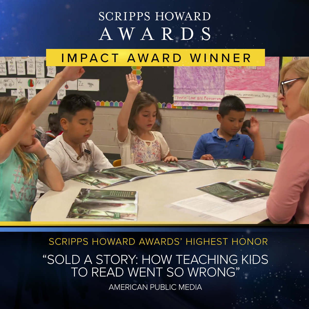 The Impact Award for the 70th Scripps Howard Awards goes to <a href="/apmreports/">APM Reports</a> for “Sold a Story: How Teaching Kids to Read Went So Wrong”

The Impact Award is the highest honor the #ScrippsHowardAwards gives out each year.

Watch their reporting: scripps.com/fund/journalis…