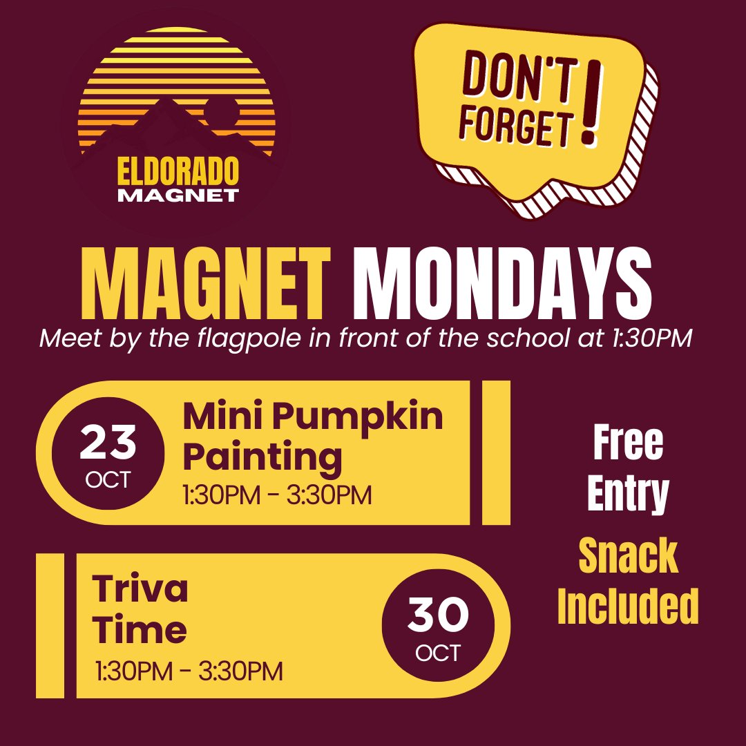 Don't forget that tomorrow is Magnet Monday where we will paint mini pumpkins! The pumpkins and paints will be provided, but you are welcome to bring your own. See you there! @EHS_SparkyPride #magnetmonday