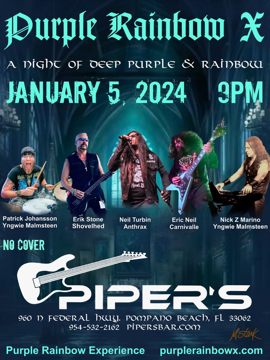 Purple Rainbow Experience feat: Patrick Johansson YNGWIE MALMSTEEN Erik Stone SHOVELHED Erik Neil CARNIVALLE Nick Moreno YNGWIE MALMSTEEN Neil Turbin ANTHRAX #patrickjohansson #nickmoreno #ericneil #neilturbin PIPERS BAR Pompano Beach Florida 1/5/2024 #pipersbar #purplerainbowx