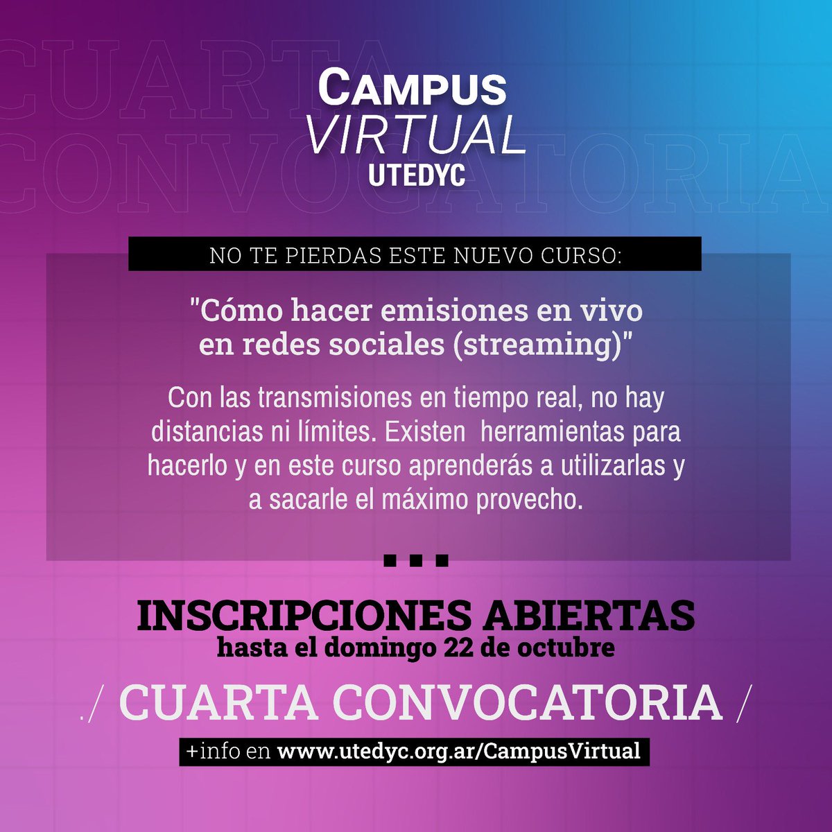 UtedycM's tweet photo. #CampusVirtual #UTEDYC
No te pierdas estos nuevos cursos:
"Cómo hacer emisiones en vivo en redes sociales - STREAMING"
"Taller de guión para medios audiovisuales"
Inscribite, hasta el domingo 22/10:
https://t.co/fiSUnXs2Fi

campusvirtual@utedyc.org.ar

Wapp: +5491137756110 https://t.co/TUjMiD2WNe