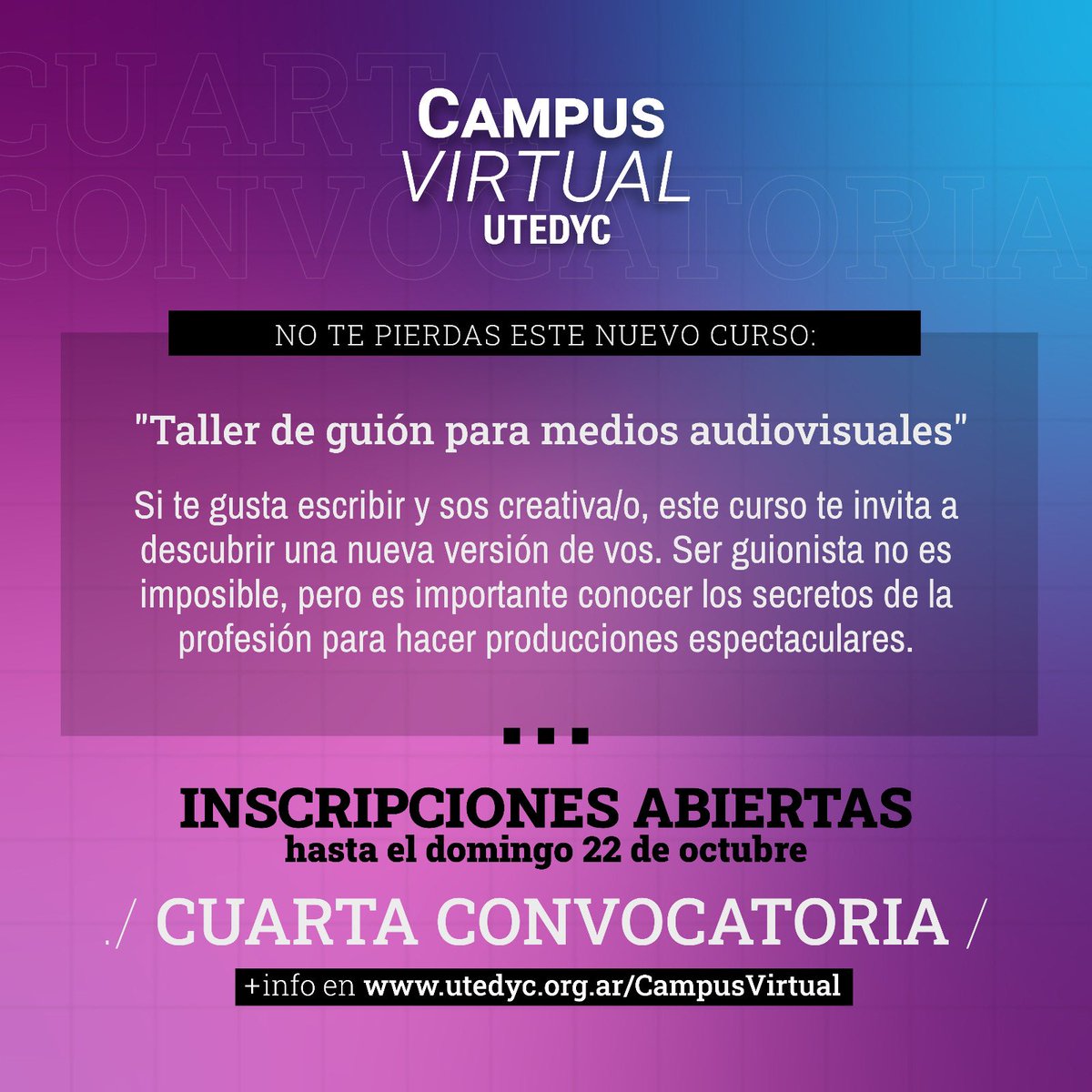 UtedycM's tweet photo. #CampusVirtual #UTEDYC
No te pierdas estos nuevos cursos:
"Cómo hacer emisiones en vivo en redes sociales - STREAMING"
"Taller de guión para medios audiovisuales"
Inscribite, hasta el domingo 22/10:
https://t.co/fiSUnXs2Fi

campusvirtual@utedyc.org.ar

Wapp: +5491137756110 https://t.co/TUjMiD2WNe
