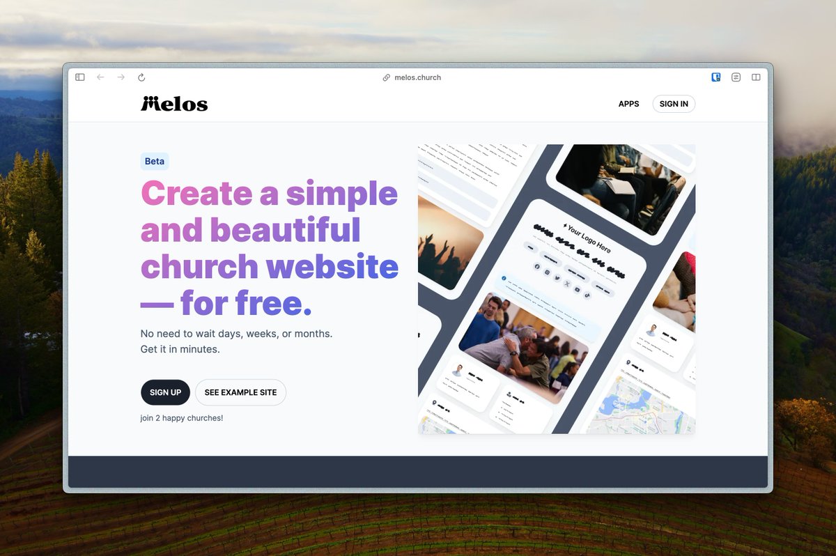 Your church website is often the very first step a person takes into your church.

With Melos, you can create a simple and beautiful church website for free. 

Yep, free.

And, you can make it in minutes. 

Try out melos.church v2 (beta) today
